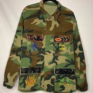 Upcycled Genuine Army Green Camo Jacket "Karma" Wearable Art M